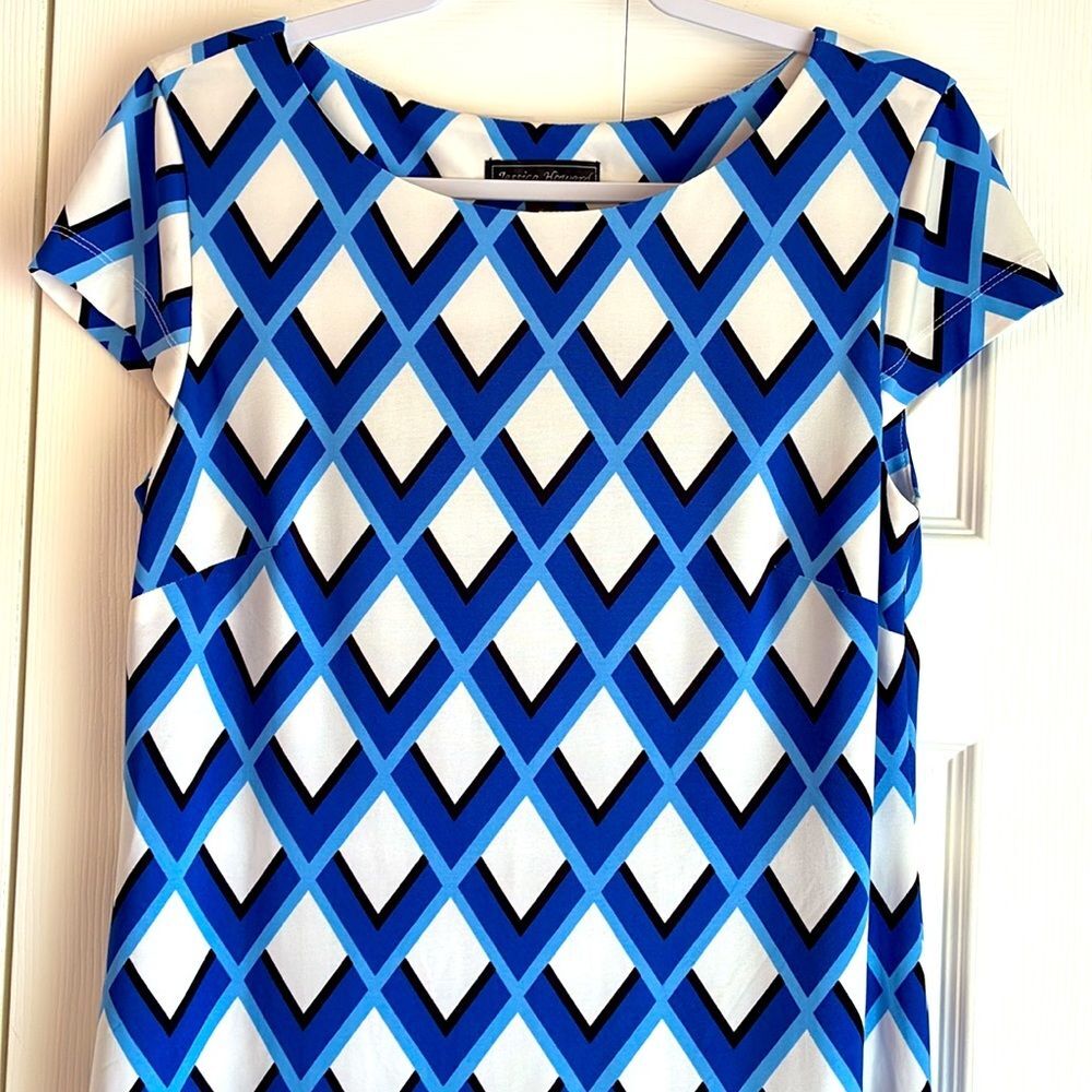 Jessica Howard Blue and Black Geometric Midi Dress Size Medium Short Sleeve - Picture 2 of 9
